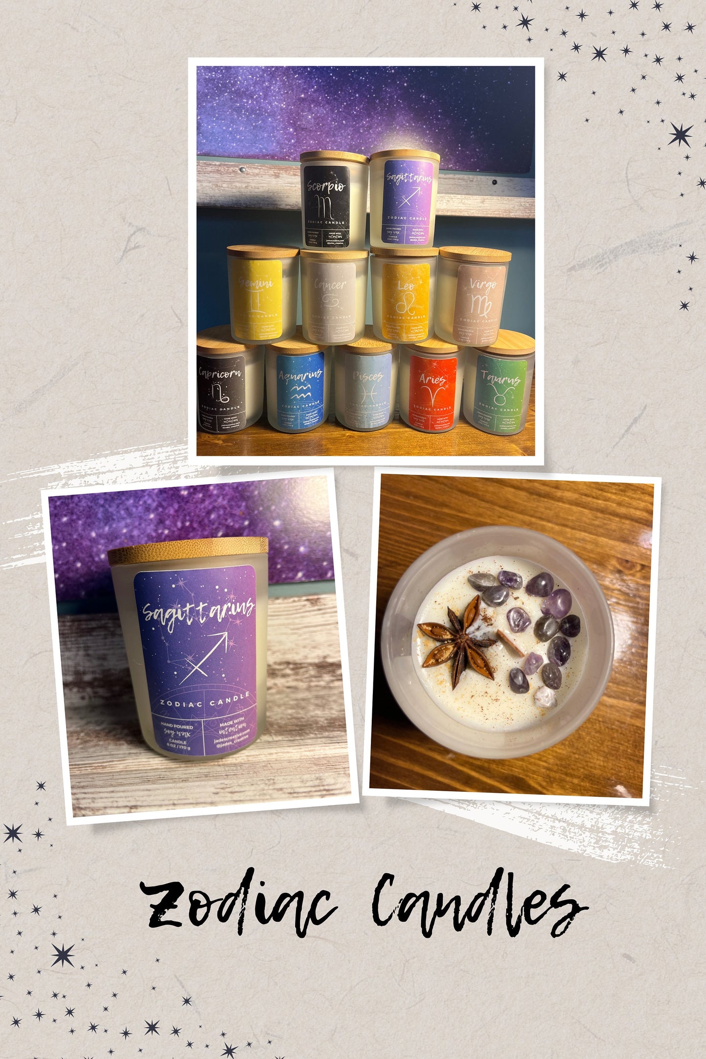 Zodiac Astrology Soy Wax Candle Infused with Crystals and Herbs