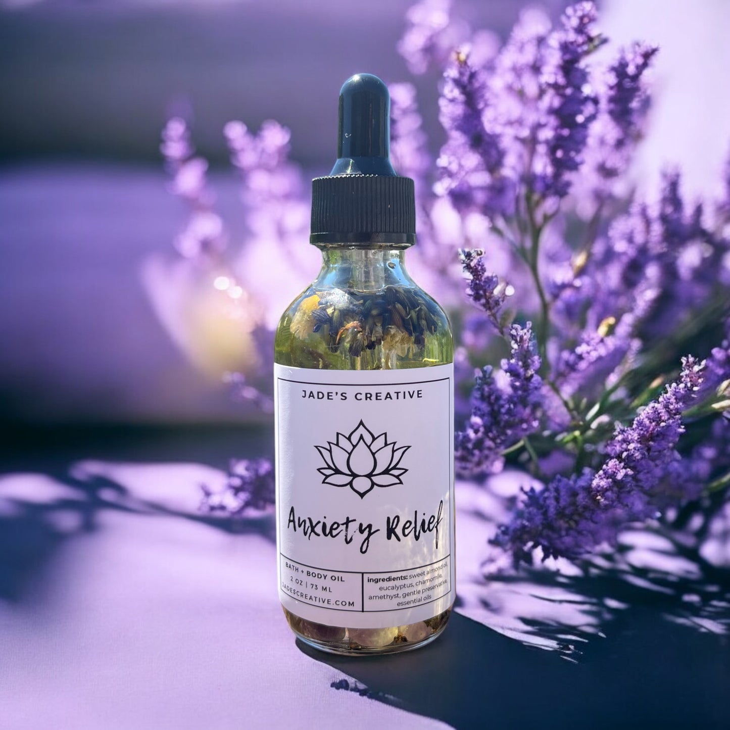 Anxiety Relief Body Oil, Calming All Natural Bath + Body Oil, Crystal and Herbal Infused Bath Oil