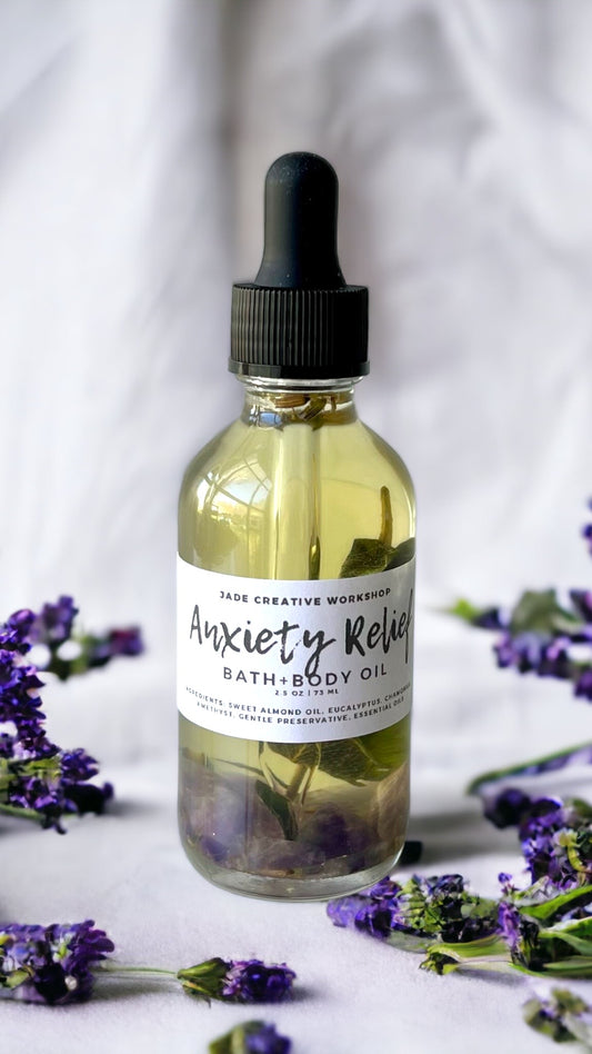 Anxiety Relief Body Oil, Calming All Natural Bath + Body Oil, Crystal and Herbal Infused Bath Oil