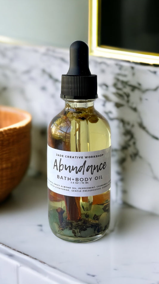 Abundance Bath & Body Oil, Crystal and Herbal Infused All Natural Bath Oil