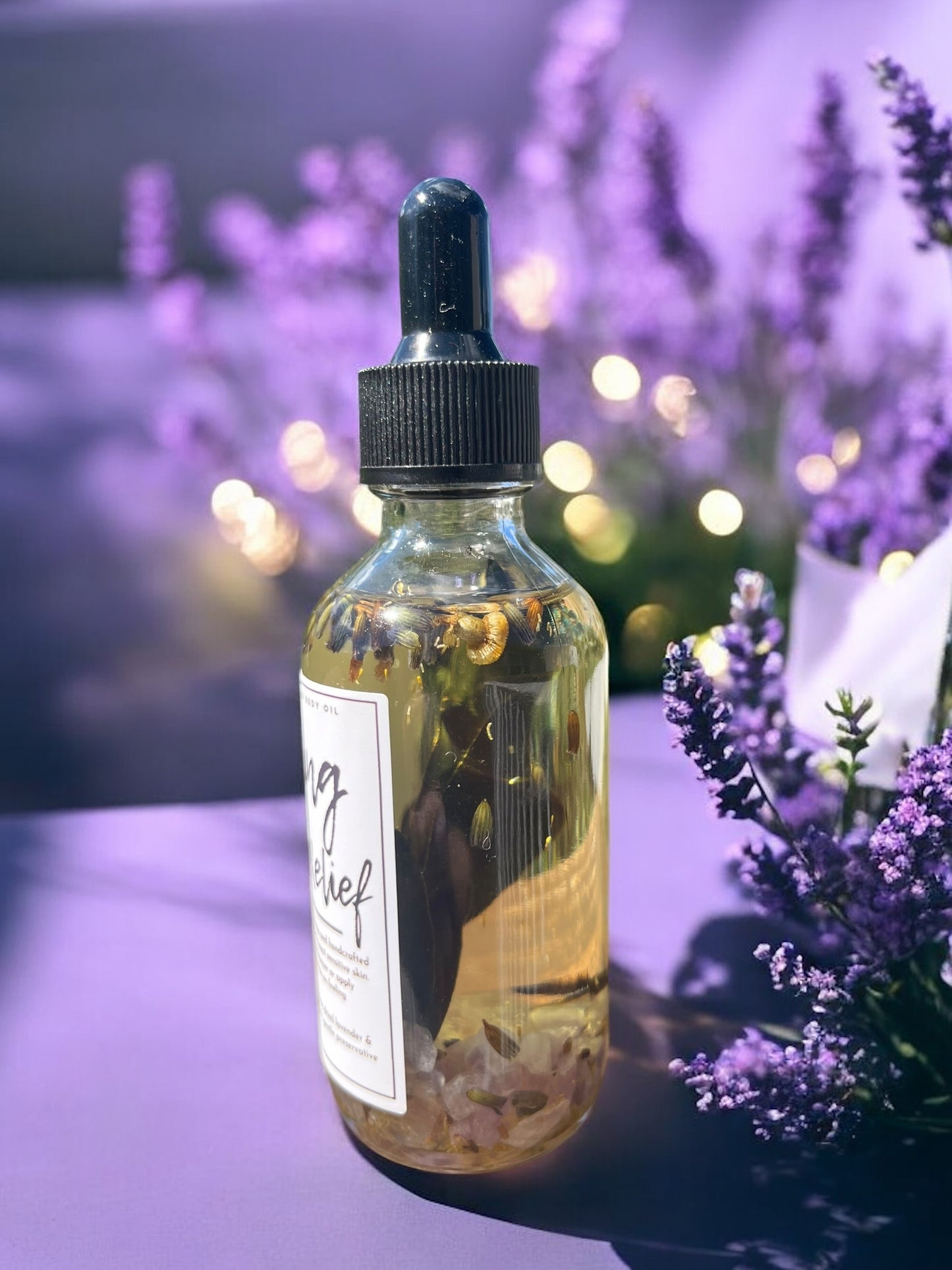 Anxiety Relief Body Oil, Calming All Natural Bath + Body Oil, Crystal and Herbal Infused Bath Oil